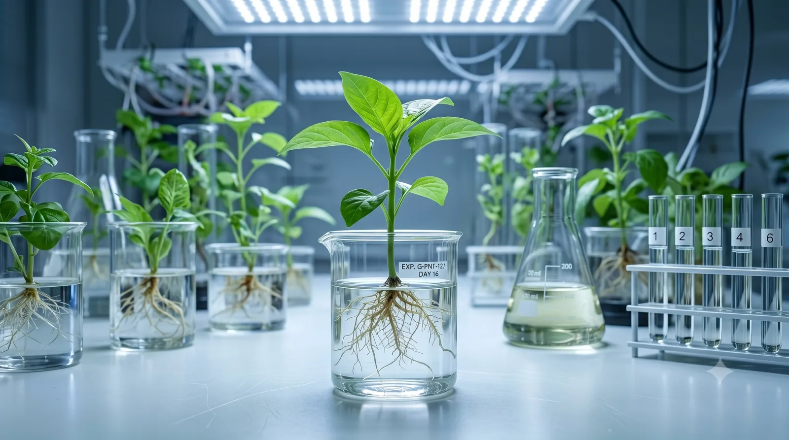 Seedlings rooting in glass laboratory vessels