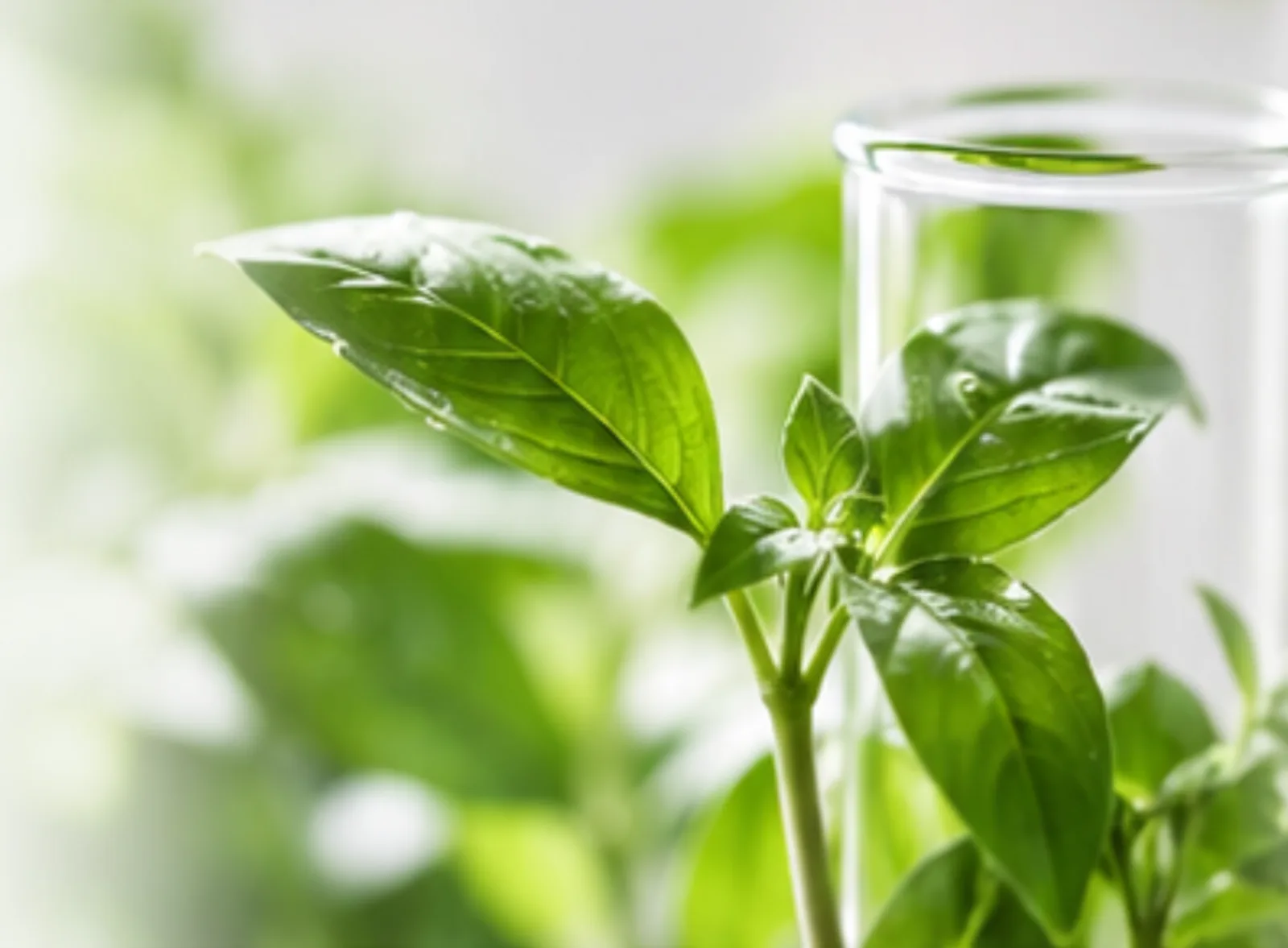 Fresh green foliage beside laboratory glassware