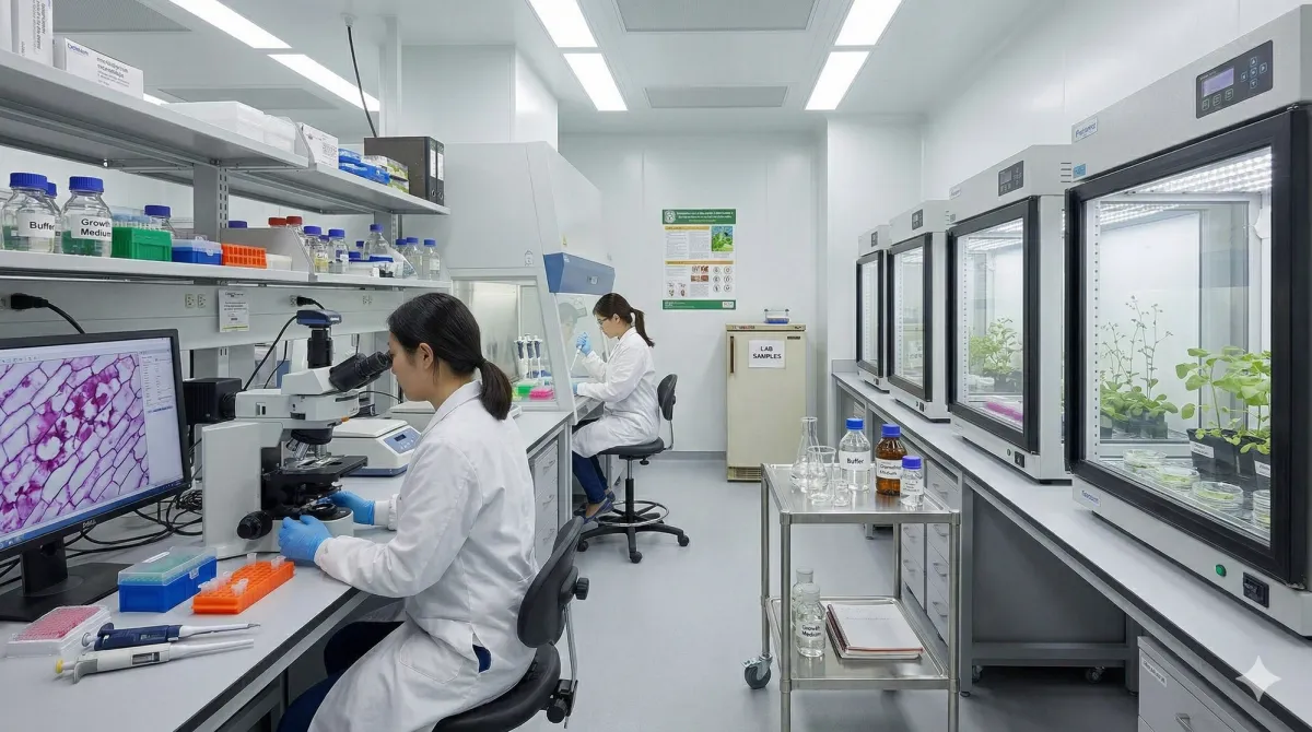 Researchers collaborating in a plant biotechnology laboratory
