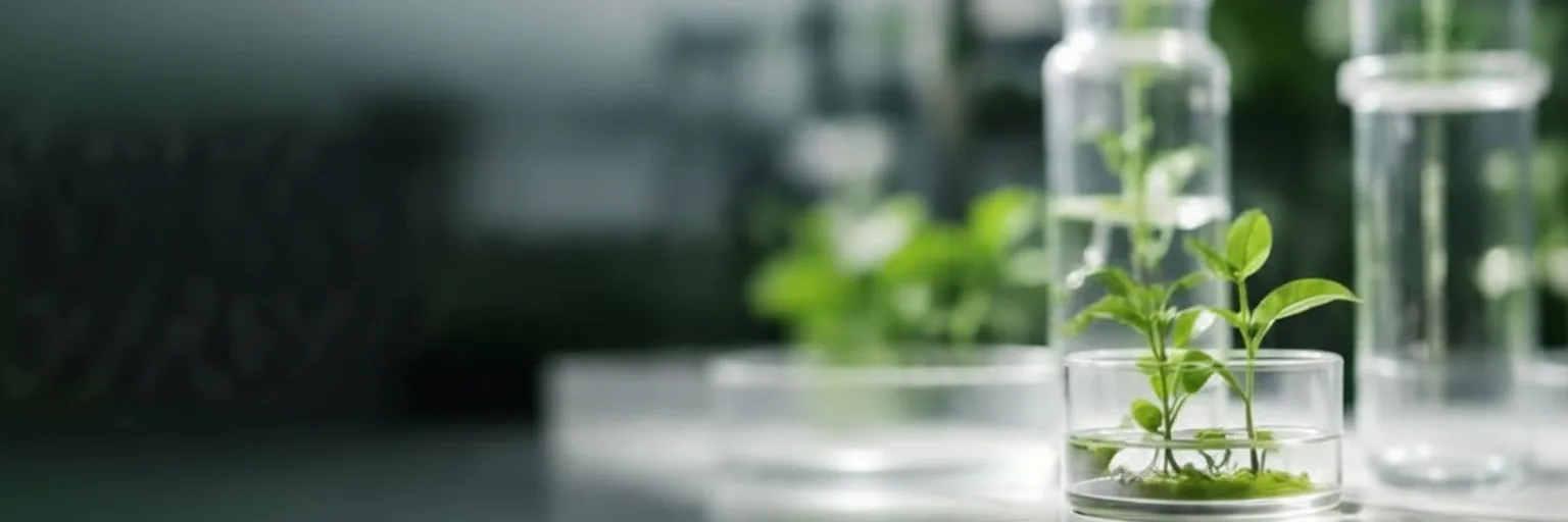 Young plants growing in glass laboratory culture vessels